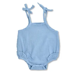 Muslin Ruffle Romper With Ties - Blue