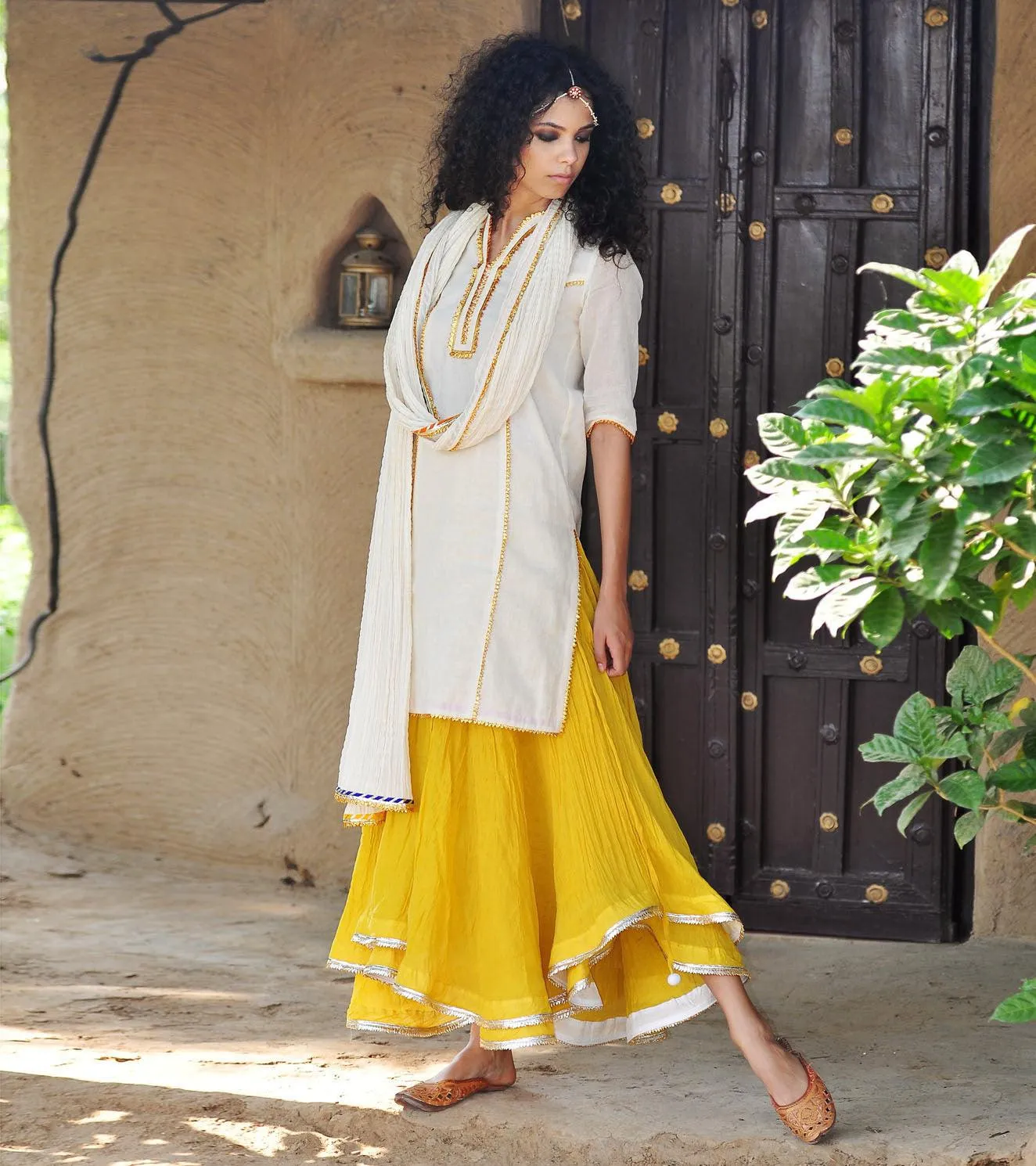 MUSTARD AND IVORY GHAGRA KURTI SET