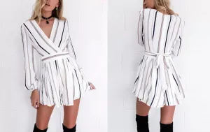 NEUTRAL STRIPES CRISSCROSS ROMPER