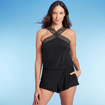 New - Women's Crossover Neck Details Cover Up Swim Romper - Aqua Green Black S