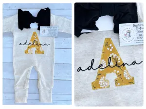 Oatmeal Mustard & Black Floral Appliqué Romper/Bow set