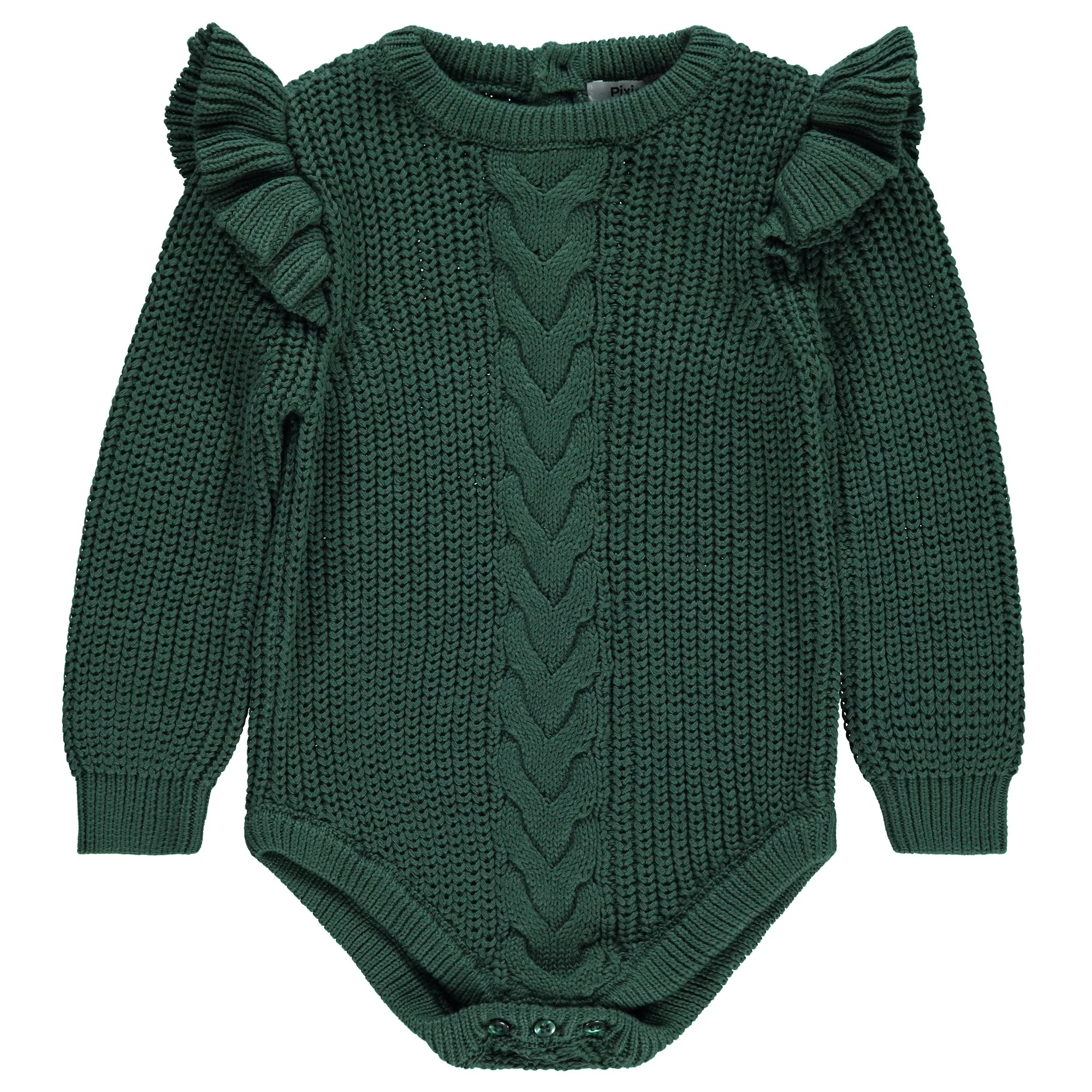 one piece knit cable romper with ruffle - deep green