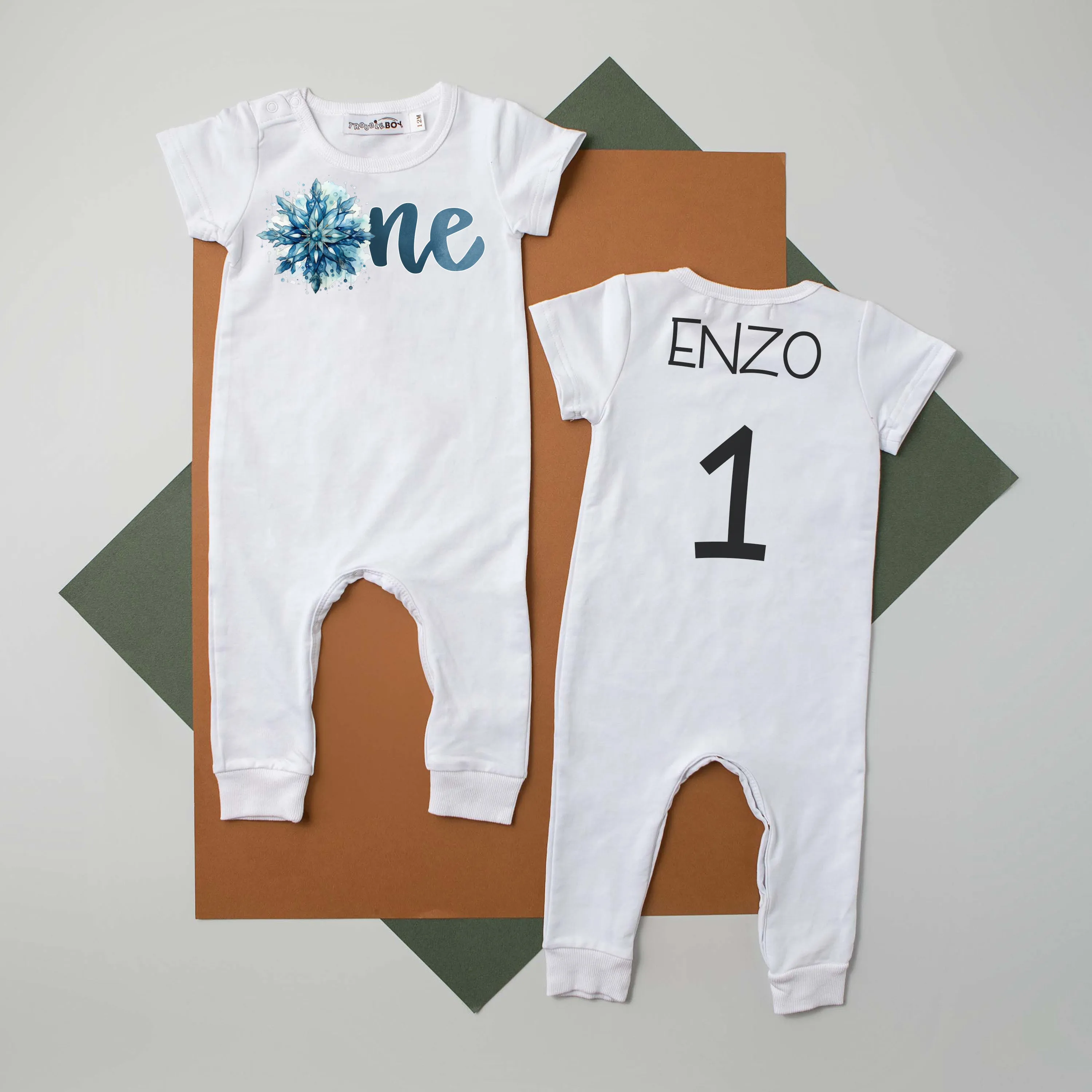 One Snowflake Personalized 1st Birthday Short Sleeve Slim Fit Romper