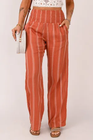 Orange Striped Shirred High Waist Straight Leg Pants