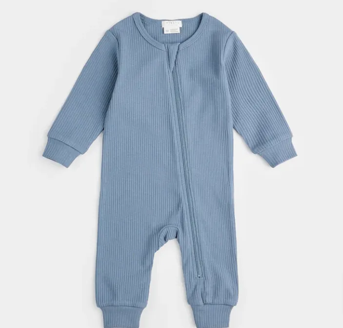 Organic Ribbed Zipper romper in Blue Denim