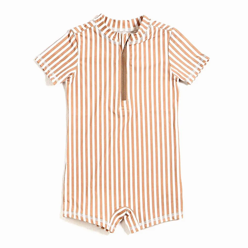 Petit Lem Short Sleeve Swim Romper in Taupe Stripes Print