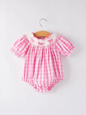 Pink Gingham Horse Embroidered Collar Romper