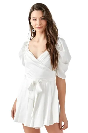 Pleated Puff Sleeve Overwrap Romper