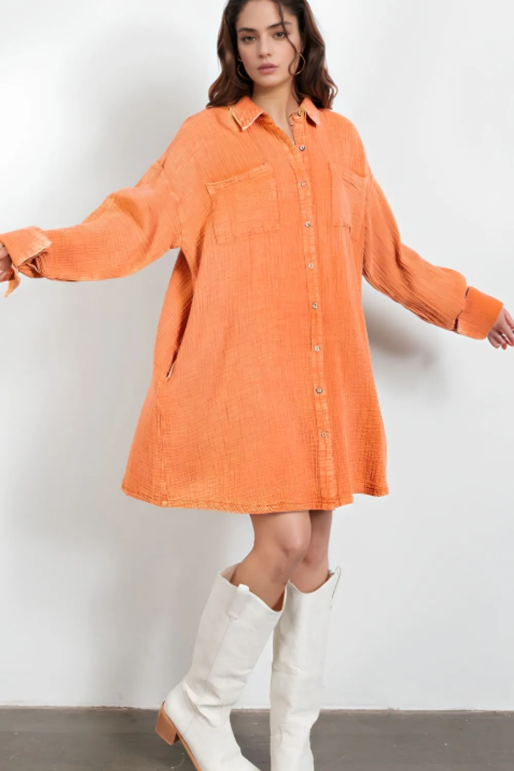 Pocketed Button Up Long Sleeve Shirt Dress