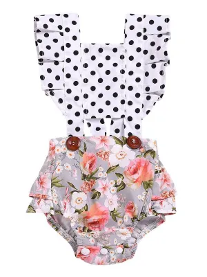 Polka Dots Flower Frilled Bodysuit Baby Girl Summer Romper