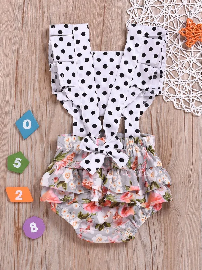 Polka Dots Flower Frilled Bodysuit Baby Girl Summer Romper