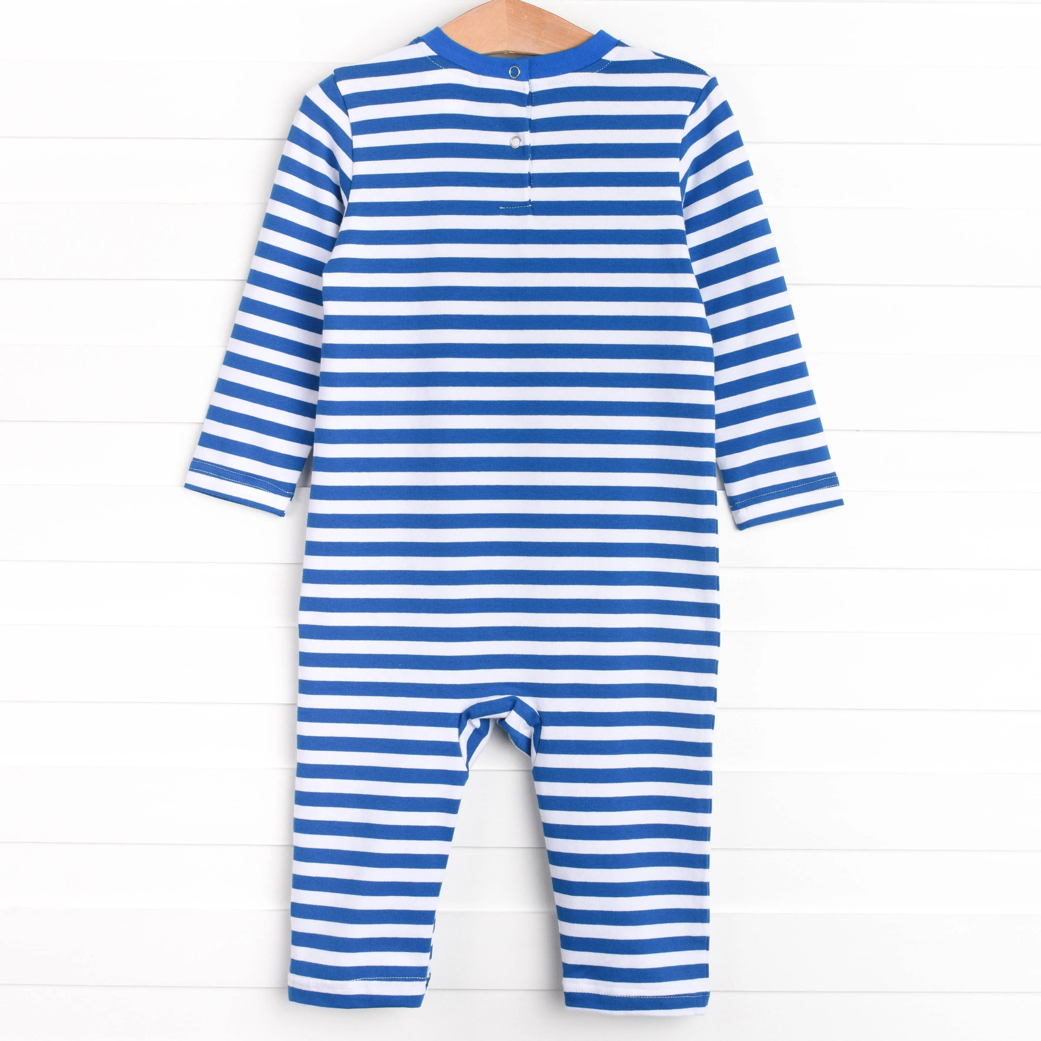 Puppy Holiday Applique Romper, Blue Stripe