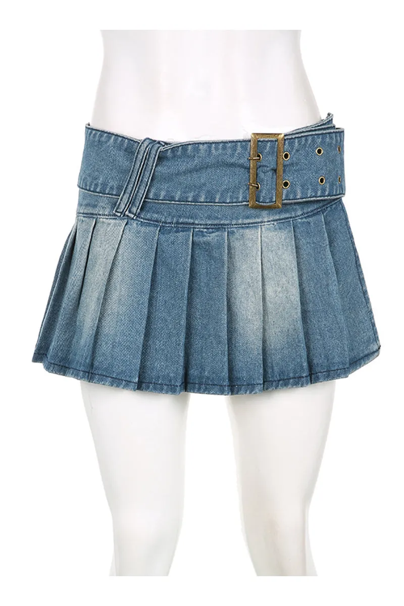 QB731 Low Rise Pleated Denim Skirt