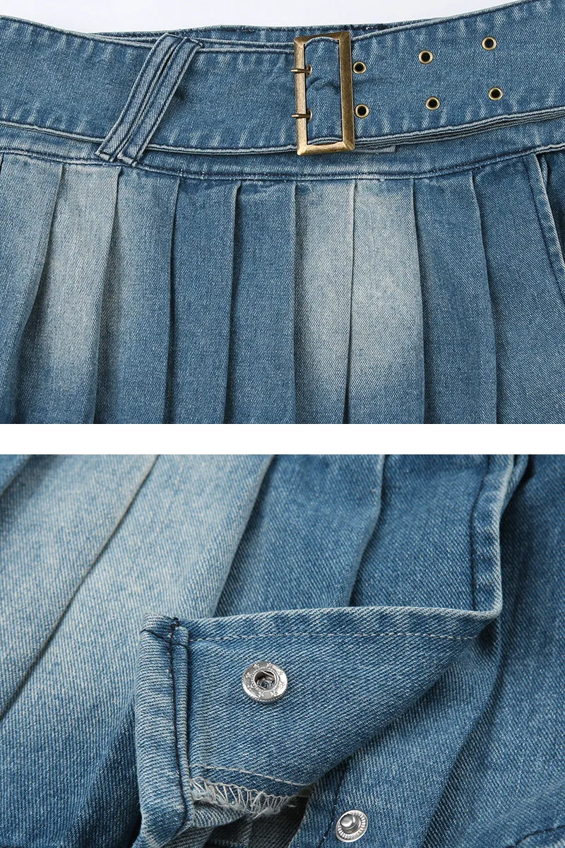 QB731 Low Rise Pleated Denim Skirt