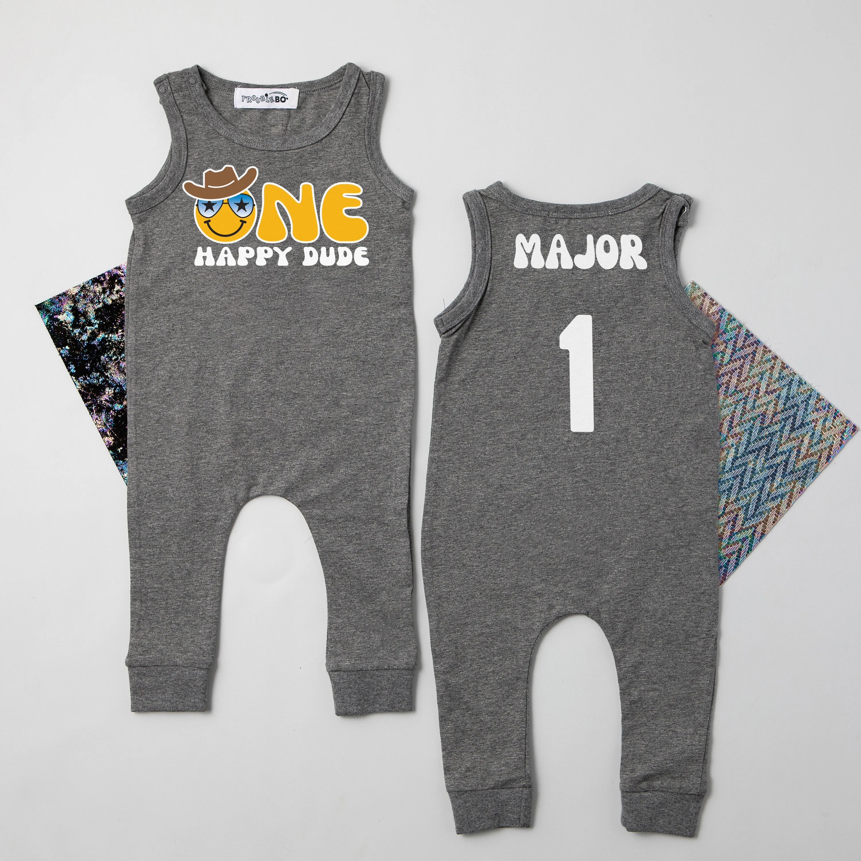 "One Happy" Dude Slim Fit 1st Birthday Personalized Sleeveless Romper