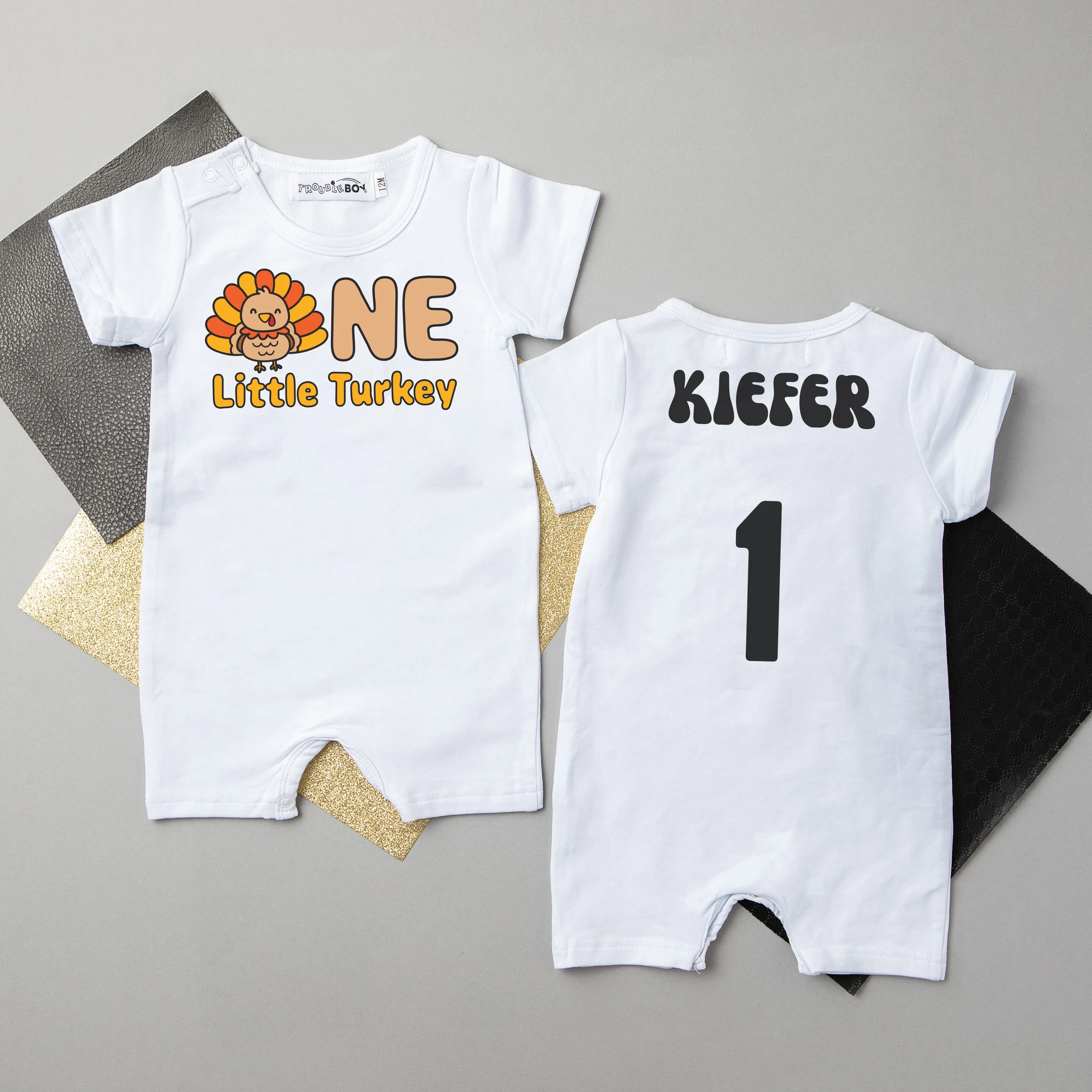 "One Little Turkey" Personalized 1st Birthday Shorts Romper for Turkey Day