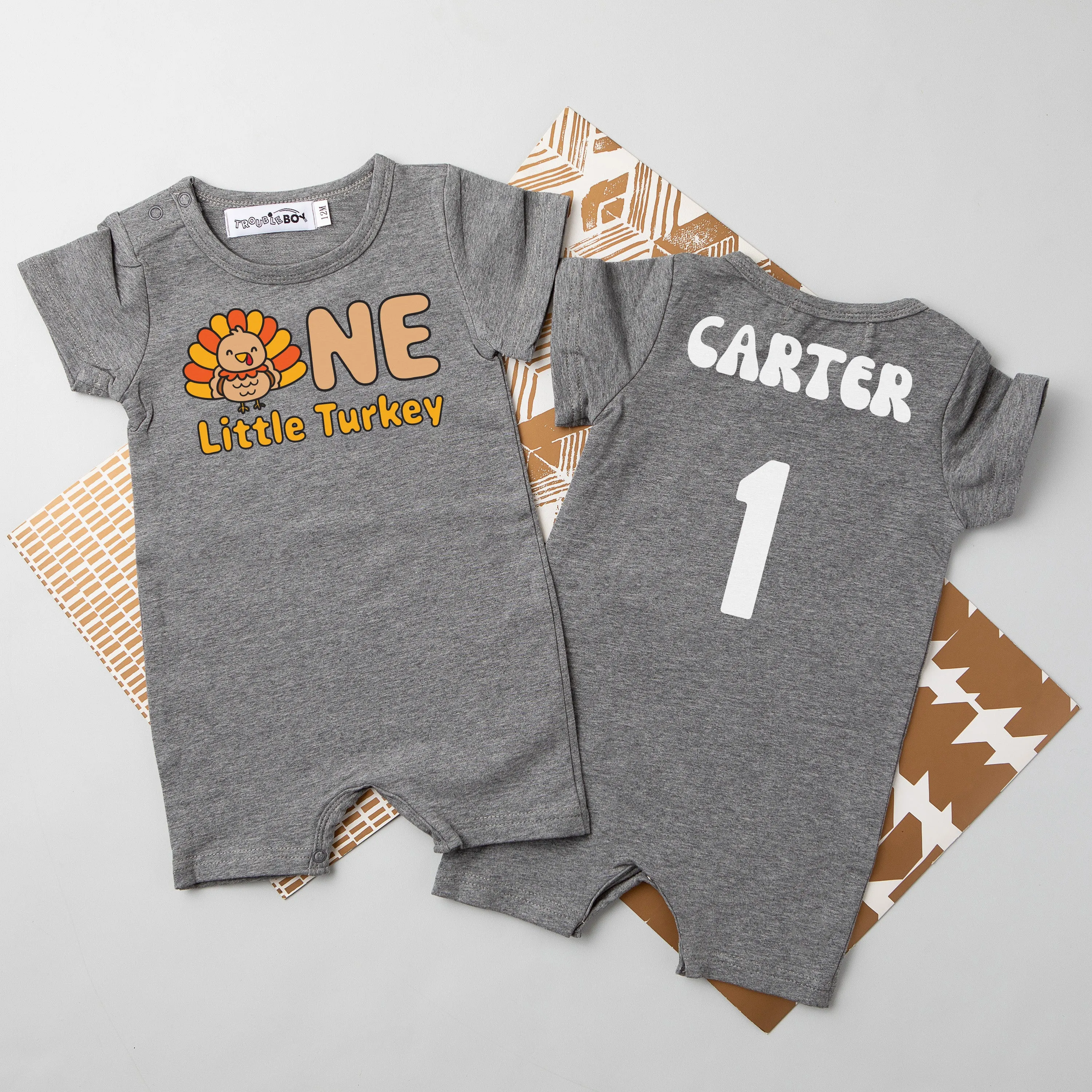 "One Little Turkey" Personalized 1st Birthday Shorts Romper for Turkey Day