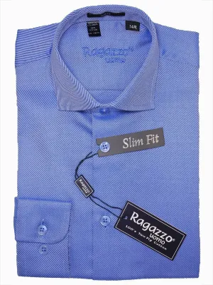 Ragazzo 15919 French Blue Slim Fit Boy's Dress Shirt - Diagonal Tonal Weave - 100% Cotton - English Spread Collar - Button Cuff