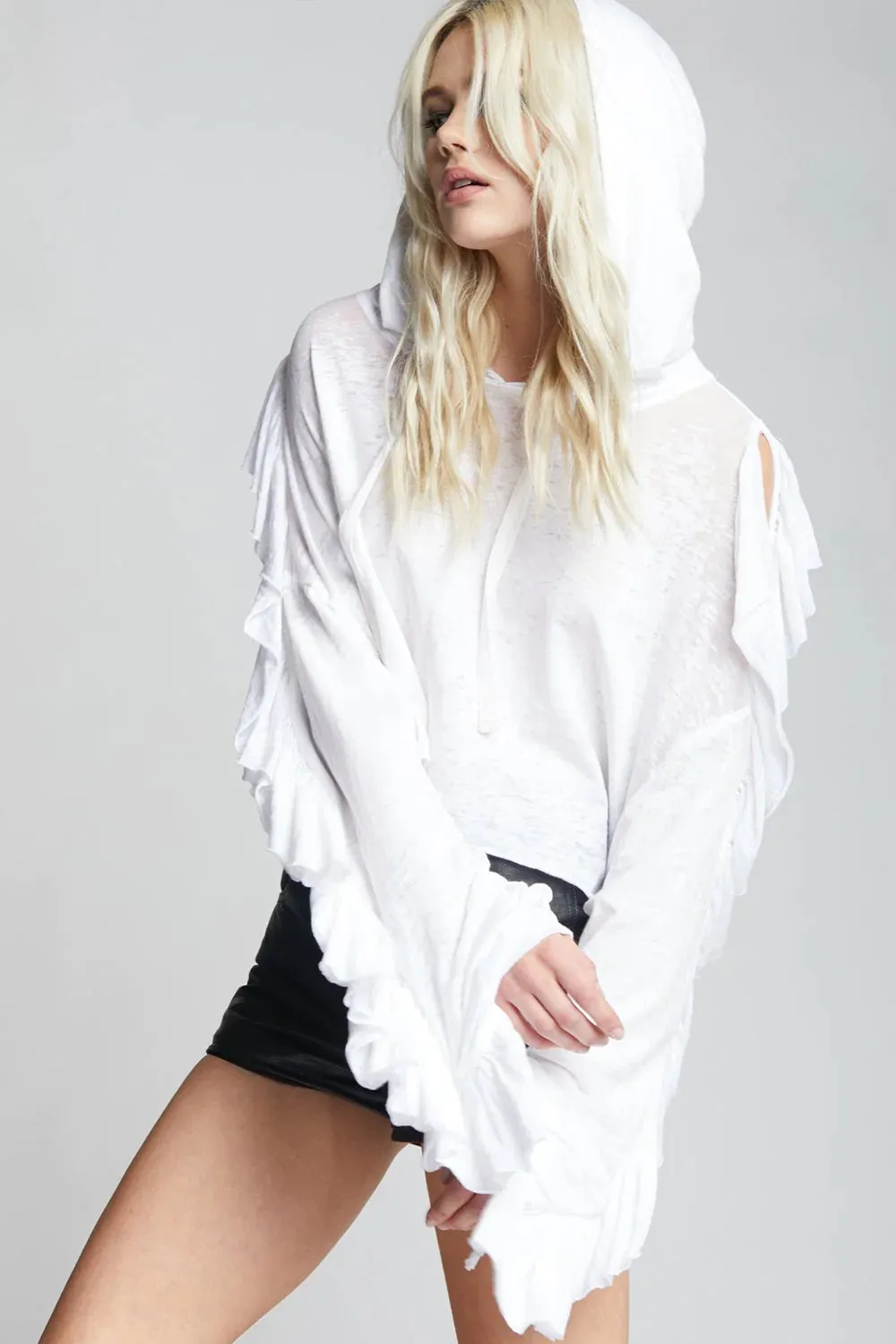 Recycled Karma Natalie White Ruffle Hoodie