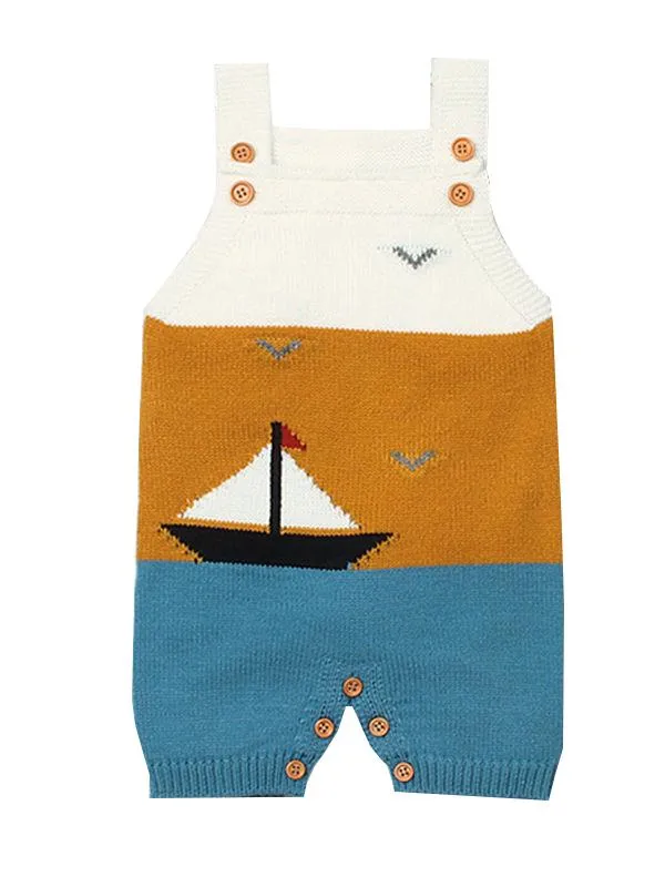 Sailboat Sea Gulls Onesies Knitted Suspender Romper Sleeveless Bodysuit