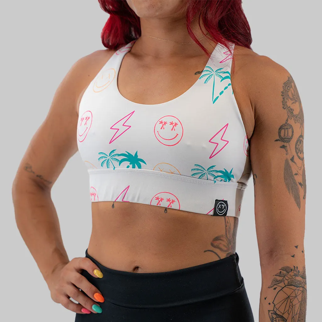 Salty Savage Ladies High Support Cross Back Sports Bra | Wet Suit Performance | White Tropical