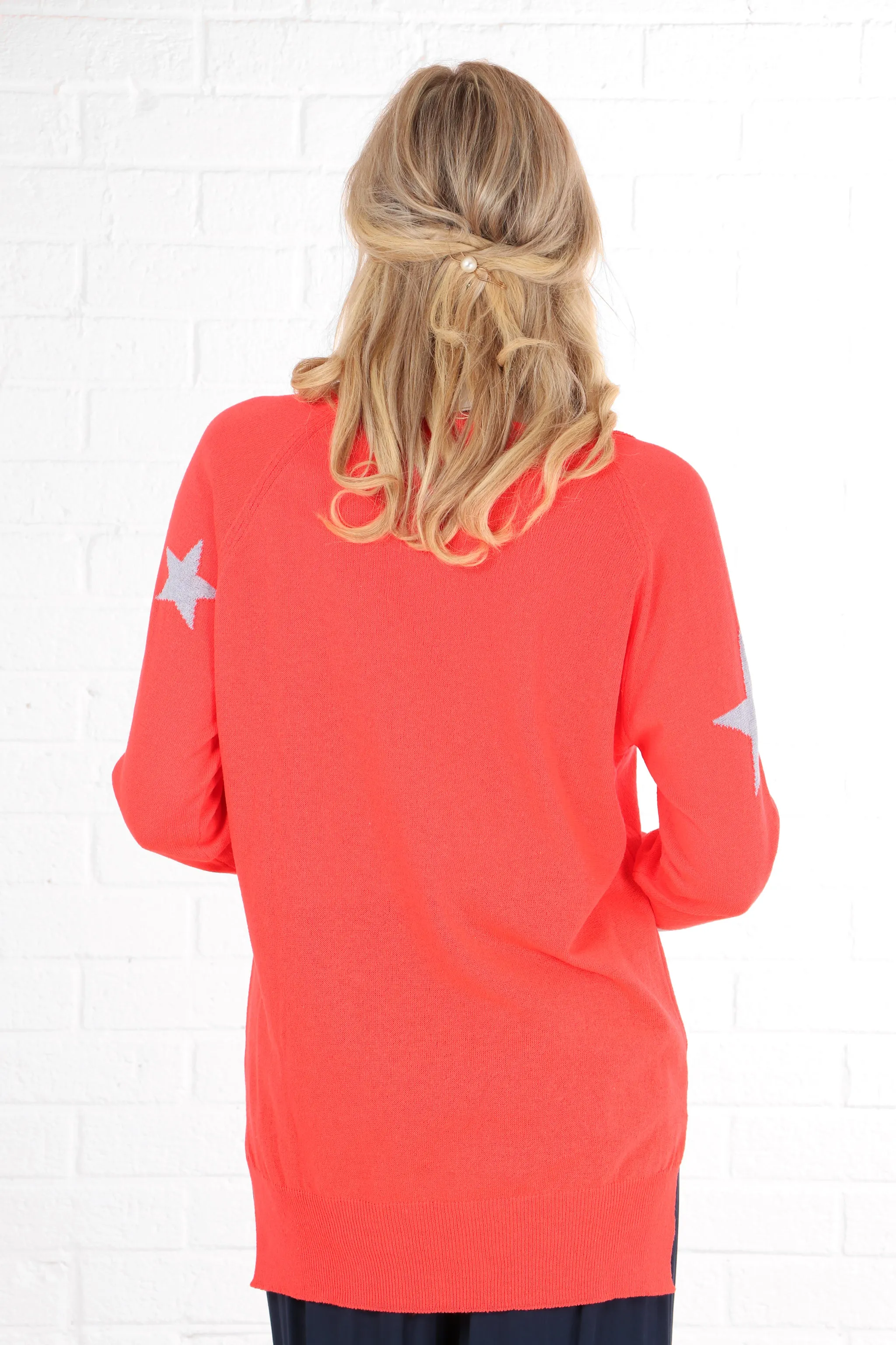 Scattered Star Print Lightweight Cotton Jumper in Coral and Lilac