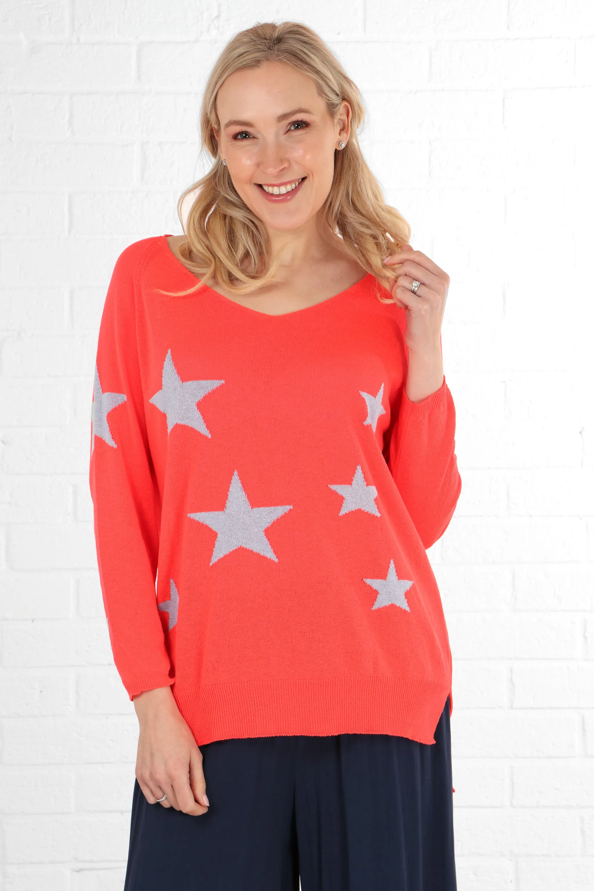 Scattered Star Print Lightweight Cotton Jumper in Coral and Lilac