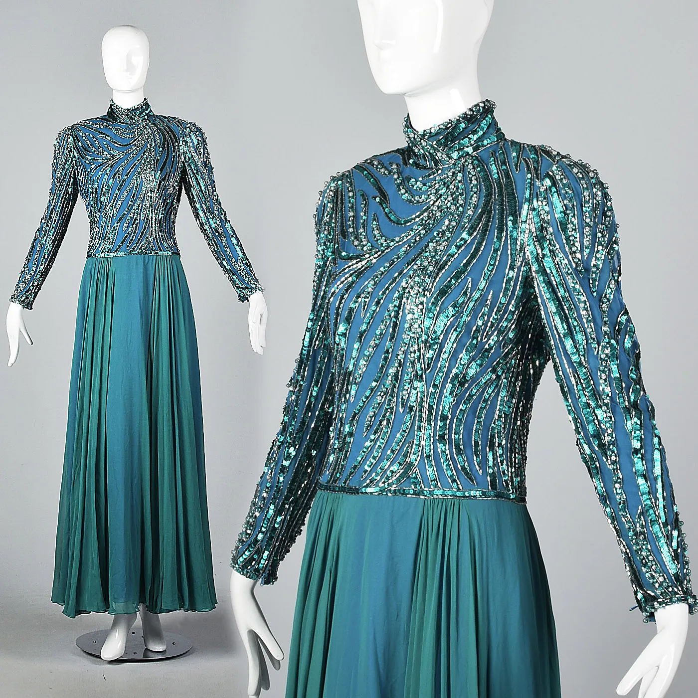 Sequined Bob Mackie Gown with a Layered Silk Chiffon Skirt