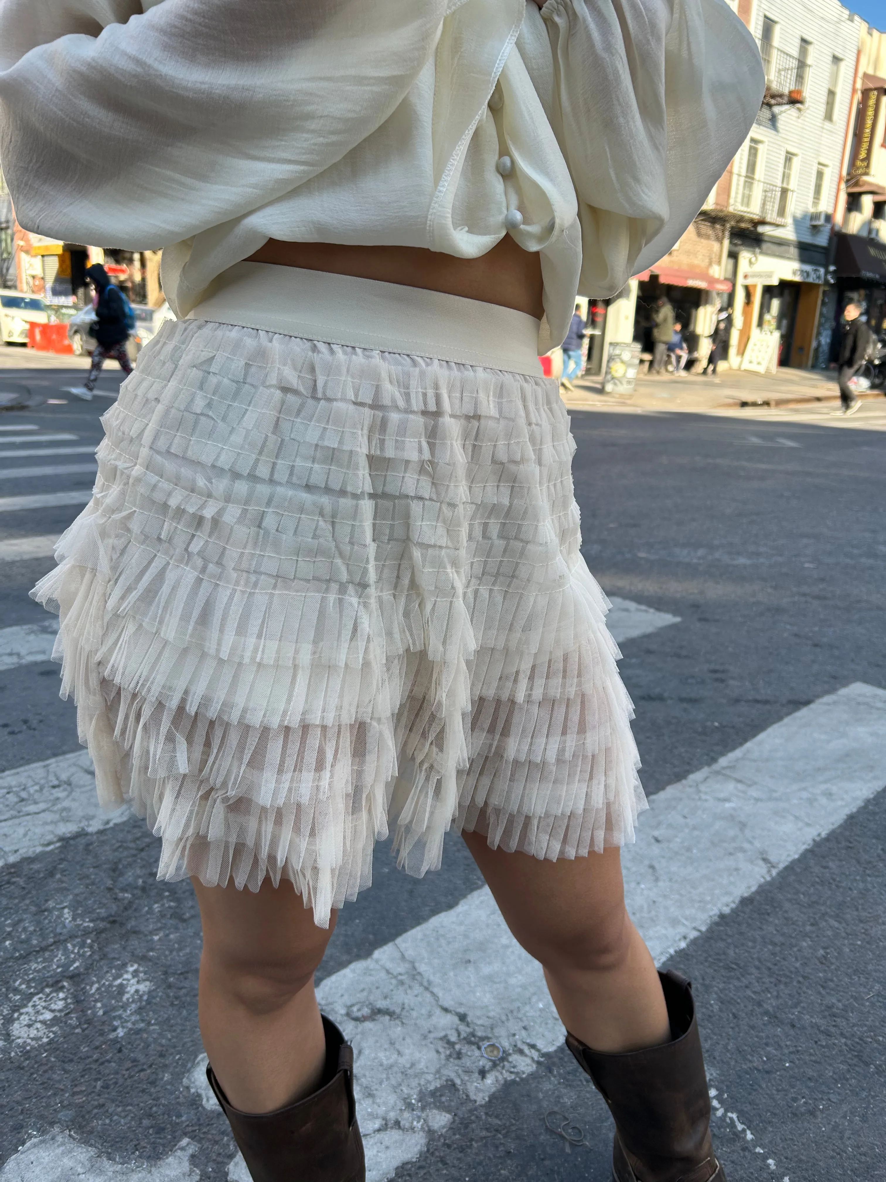 short multi pleated mesh skirt