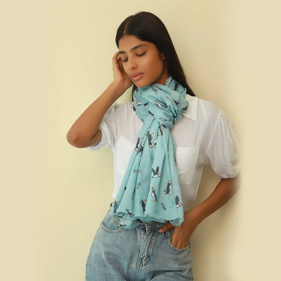 Sky Blue Birds Printed Cotton Scarf