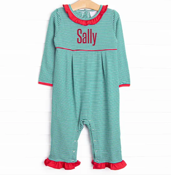 Spearmint Stripes Ruffle Romper, Green