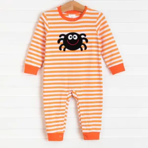 Spooky Spider Applique Boy Romper, Orange Stripe