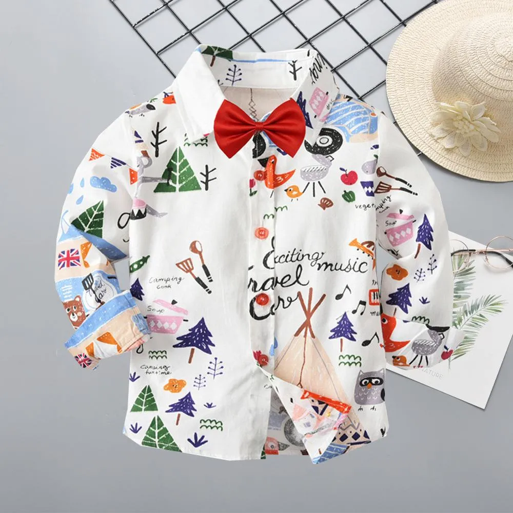 Spring Autumn Cartoon Print Cotton Shirt with Bow Tie for Baby Big Kids 