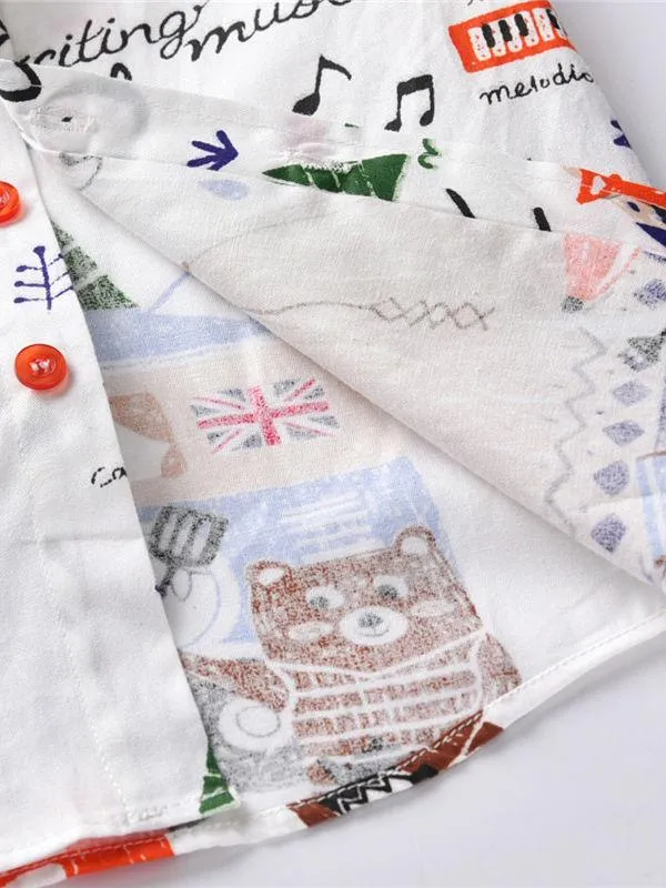 Spring Autumn Cartoon Print Cotton Shirt with Bow Tie for Baby Big Kids 