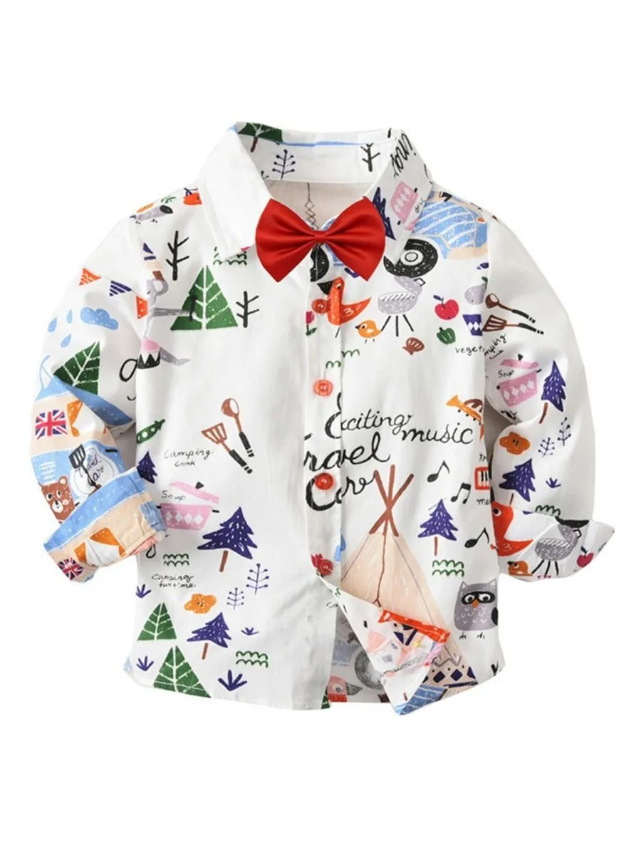 Spring Autumn Cartoon Print Cotton Shirt with Bow Tie for Baby Big Kids 