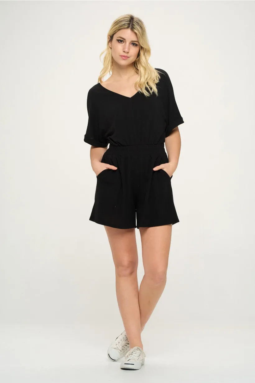 SS V Neck French Terry Knit Romper