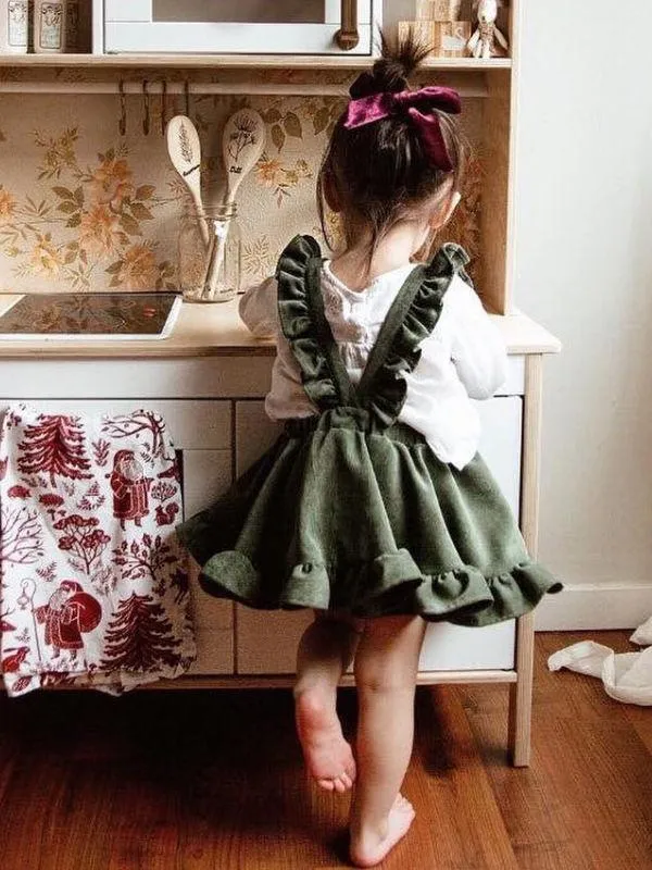 Stylish Frilled Corduroy Pinafore Dress For Baby Little Girl