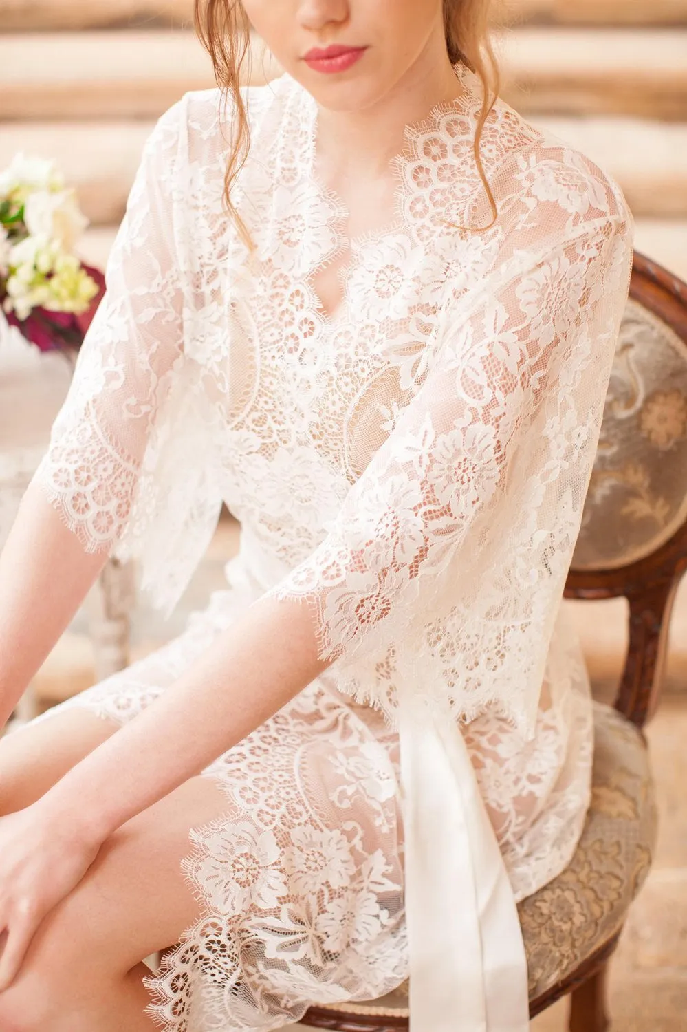 Swan Queen lace kimono bridal robe in Ivory