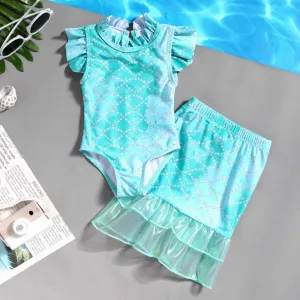 Sweet Swimsuit with Marine Elements & Ruffle Edge- Baby Girls (2pcs)