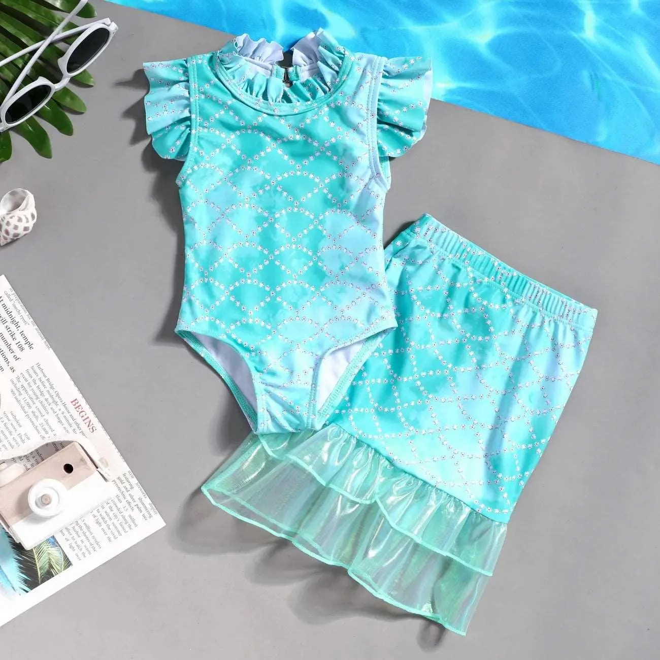 Sweet Swimsuit with Marine Elements & Ruffle Edge- Baby Girls (2pcs)