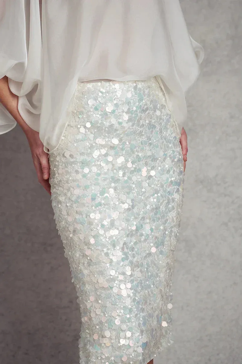 Take my Breath Away Cocktail Pencil Skirt - Iridescent White Sequins