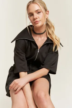 Terry Knit Black Collared Drawstring Shorts Romper