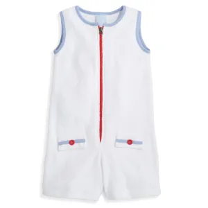 Terry Romper -- White w/ Denim & Red