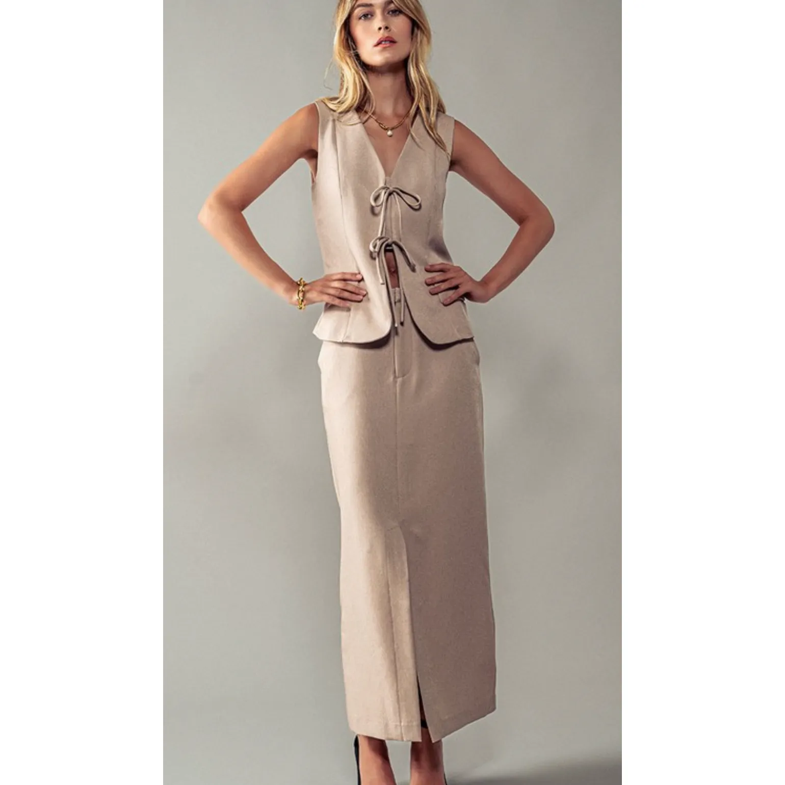 The Sophisticate Beige Midi Pencil Skirt