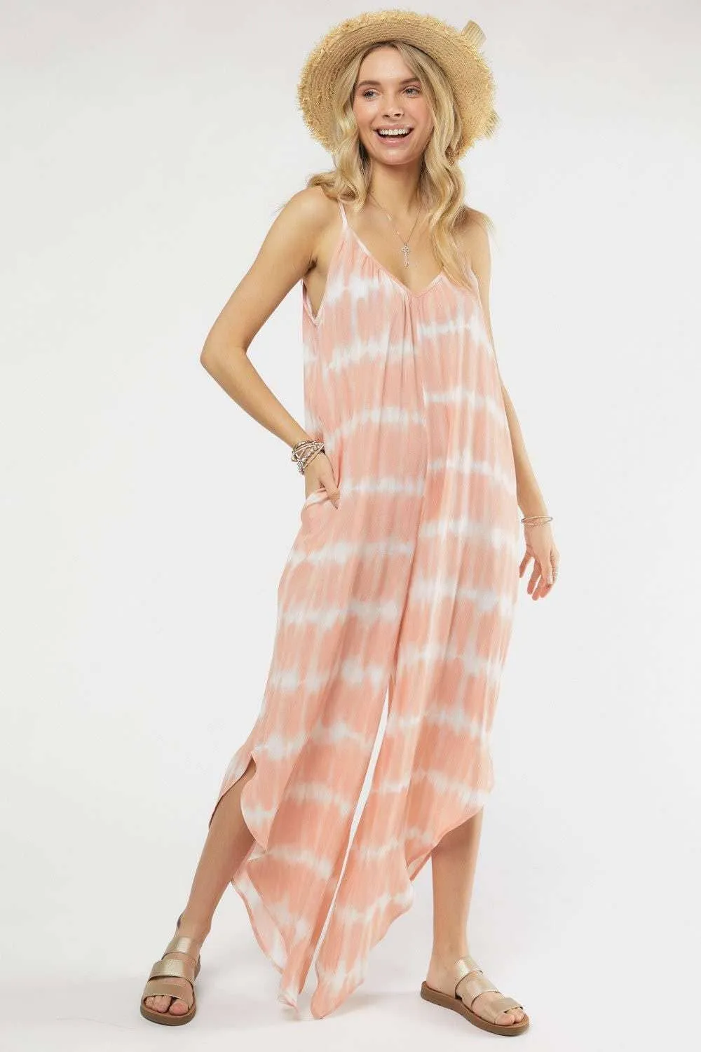 Tie Dye Striped Maxi Jumpsuit with Pockets