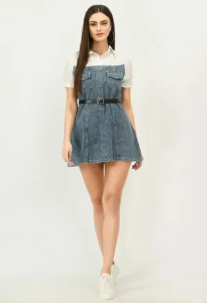 Trendy Short Denim Dress With Belt