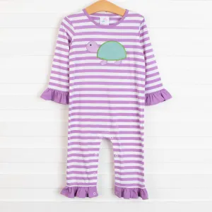 Turtle-y Cute Applique Ruffle Romper, Purple