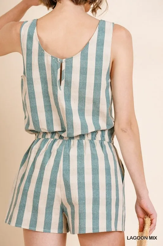 Umgee Striped Romper - Lagoon/Ivory