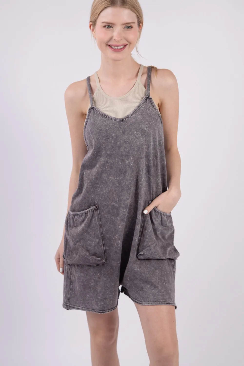 VERY J V-Neck Sleeveless Washed Romper