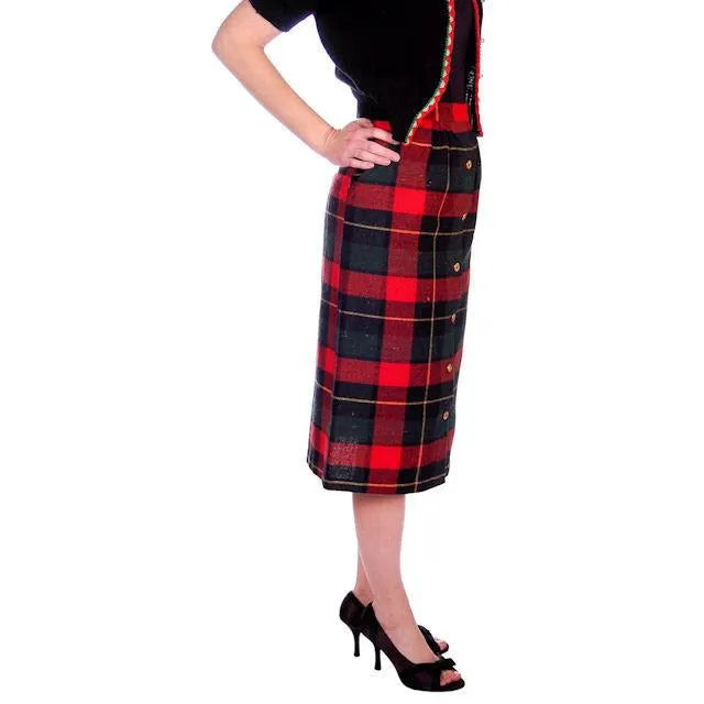 Vintage Pencil Skirt Red/Green/Black Plaid Wool  1980s 50s Look Small